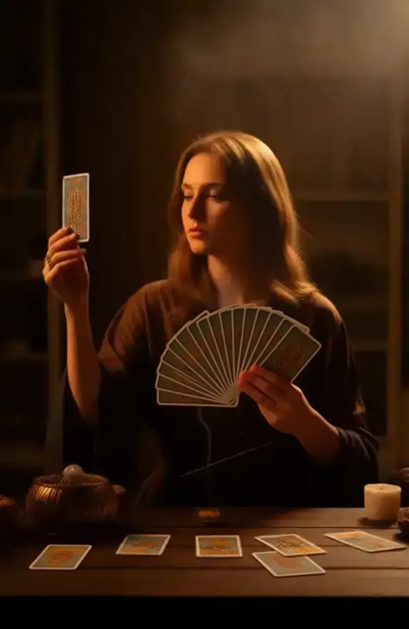 Обряд гадания на Таро — гадалка проводит эзотерический ритуал при свечах